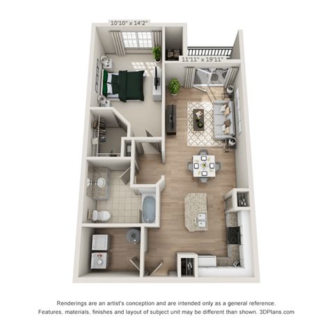 Floor plan for 1 bed, 1 bath, 849 sqft